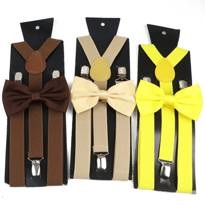 Fashion Men Kids Suspender Bowtie Sets For Wedding Party Festival Gift Brown Khaki Elastic Y - back Straps Pants | SAMAG