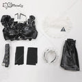 Meowcos Women Gothic Dark Maid Lingerie Set Black Sexy Bodysuit with Miniskirt and Stockings Cosplay Costumes
