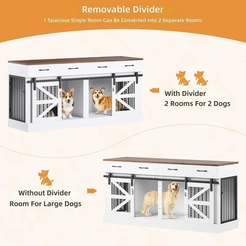 Oversized Dog Cage Furniture, Indoor Dog Bed with Detachable Partitions and Drawers, Sturdy Wooden Dog Box TV Stand