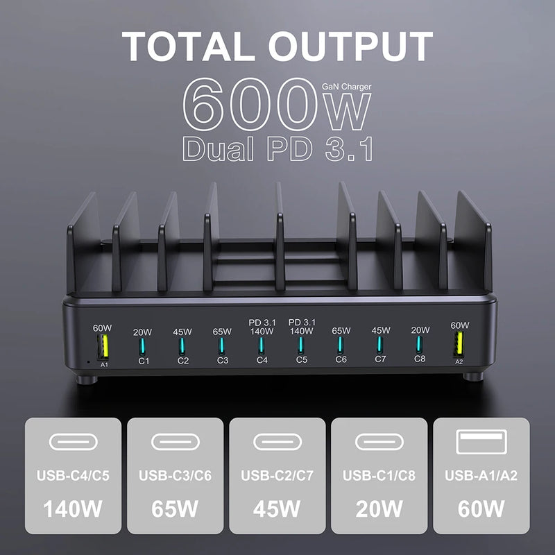 Ueetop 600W Multi USB Fast Charger 10-Port GaN PD 3.1 Charging Station Stand for MacBook iPhone 16 15 iPad Samsung Tablet Laptop