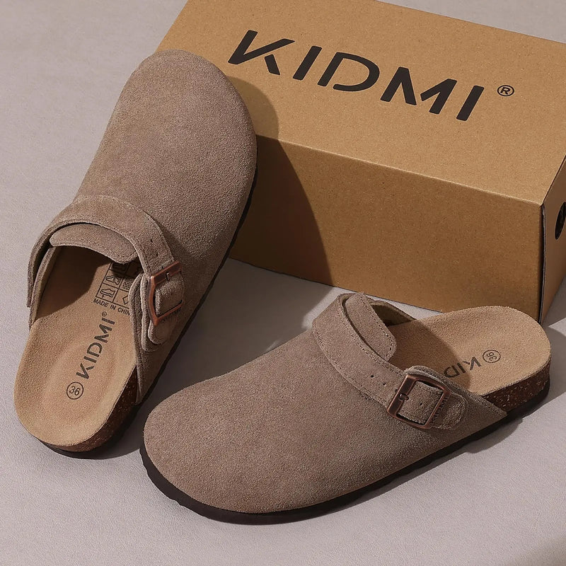 Bebealy Women's Suede Clogs with Arch Support Fashion Back Strap Leather Mules Slip On Potato Shoes Genuine Cork Footbed Clogs