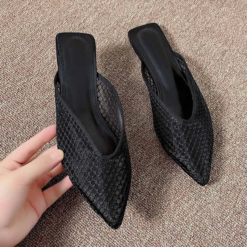 2026 Summer New Fashionable Pointed Toe Half Slippers Women Women's Mesh Hollow Slippers Outdoor Leisure Shoes Plus Size 35-42