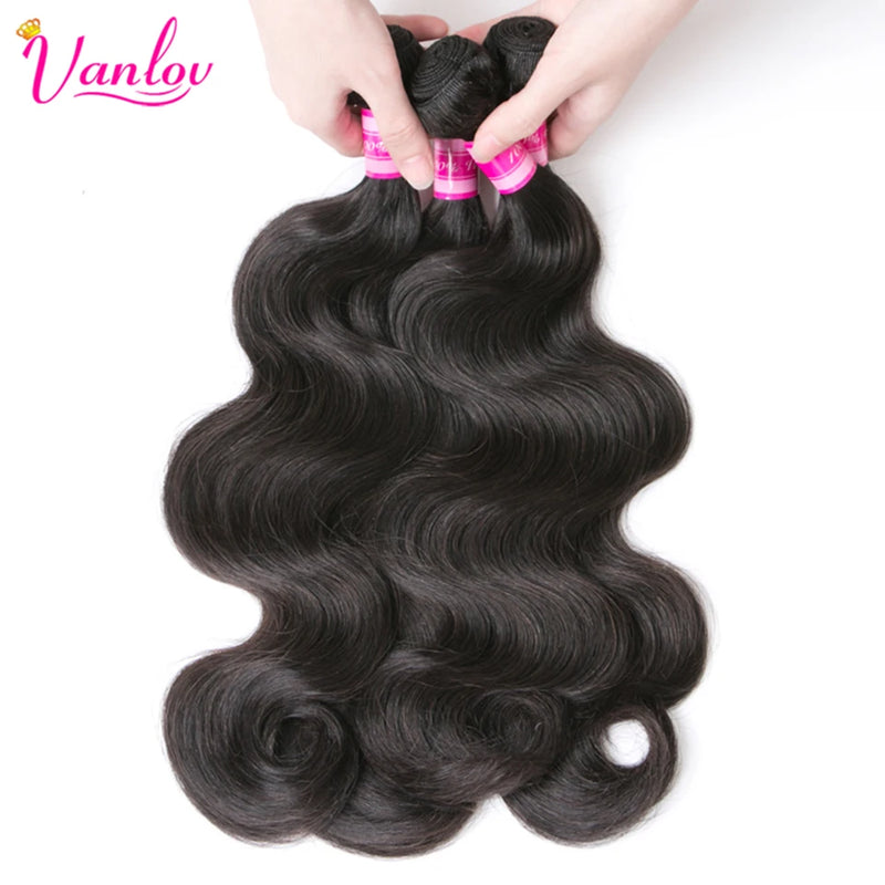Vanlov Brazilian Body Wave Hair Bundles Human Hair Weave Bundles Natural Black/Jet Black 1/3/4 Piece 8-30” Remy Hair Extensions
