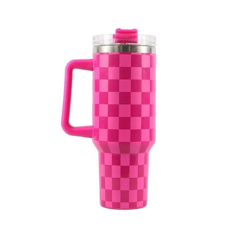 40Oz Stainless Steel Mug Coffee Cup Thermal Travel Car Auto Mugs Thermos Tumbler with Handle Chessboard  Chequer Fashion 1200ml
