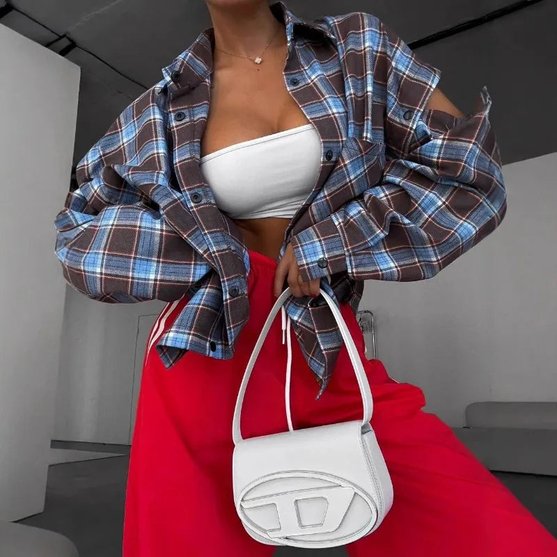 Women's Spring Blouse Jacket Shirt Checkered Short-sleeved Pocket Retro Luxurious Chic Trendy Minimalist Fashionable Comfortable