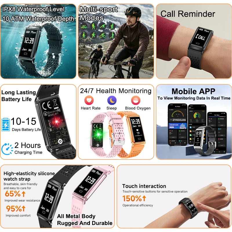 2026 New Smart Bracelet Men Women Sleep Health Monitor Sports Fitness Tracker 10ATM Waterproof 15 Days Battery Life Smartwatches