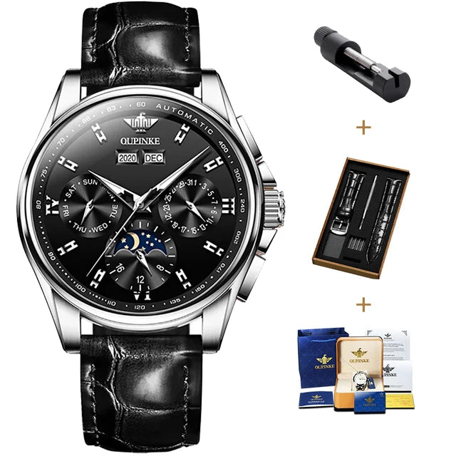 OUPINKE 3189 Automatic Watch for Men Genuine Leather Strap Waterproof Moon Phase Man Watches Luxury Men's Mechanical Wristwatch