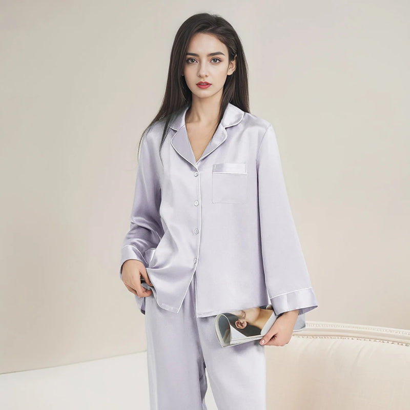 BirdTree, 19MM 100%Real Silk Pajamas Set, Women Long Sleeve Solid, Sexy Casual Long Pants Homewear, 2024 Summer Autumn S48086QC