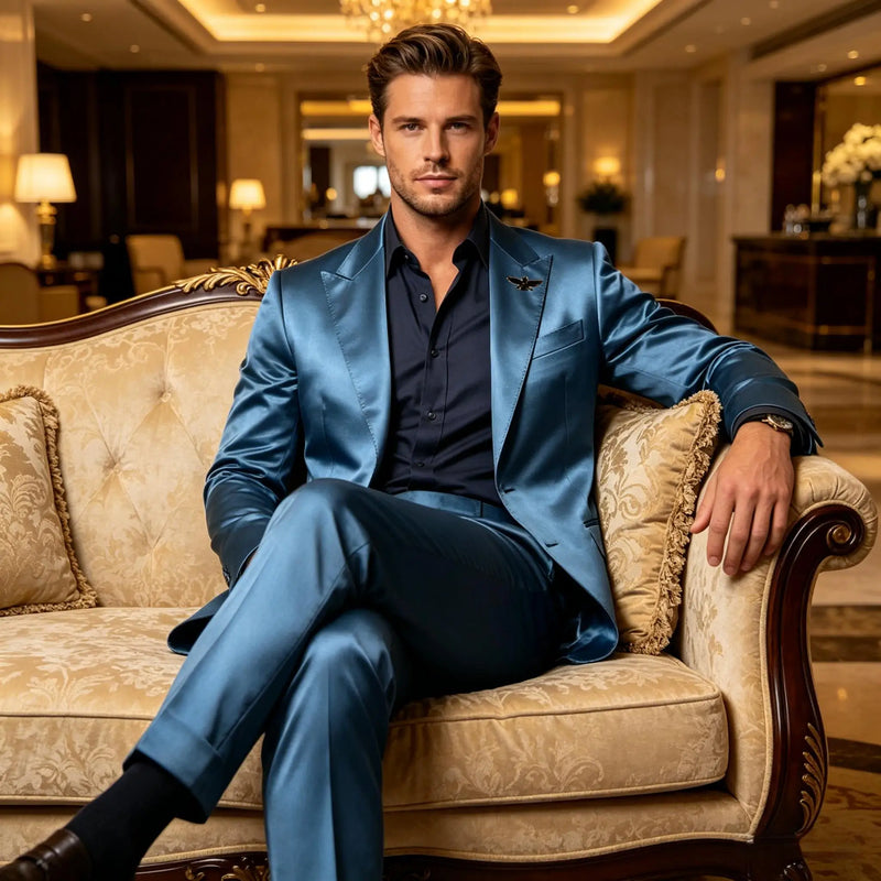 Men's Satin 2 - Piece Suit Set Slim Fit Peak Lapel Tuxedo Blazer With Straight Leg Pants For Wedding Party - View 5 | SAMAG