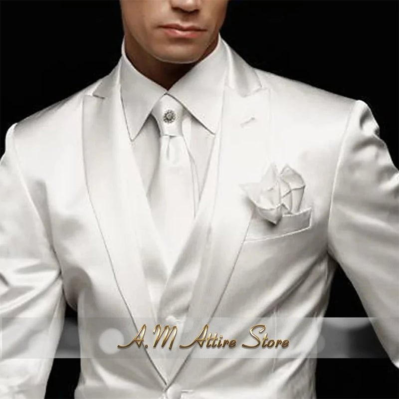 Men's Wedding Party Suits 3 Piece White Satin Mikado Jacket Vest Pants Set for Summer Banquet Party Father Gift Tailored Fit