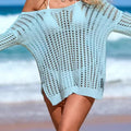 Cover-ups Beach Dress Beachwear Female Women Beach Wear Hollow Out Long Sleeve Solid Crochet Knitted Tunic Beach Cover Up V7574