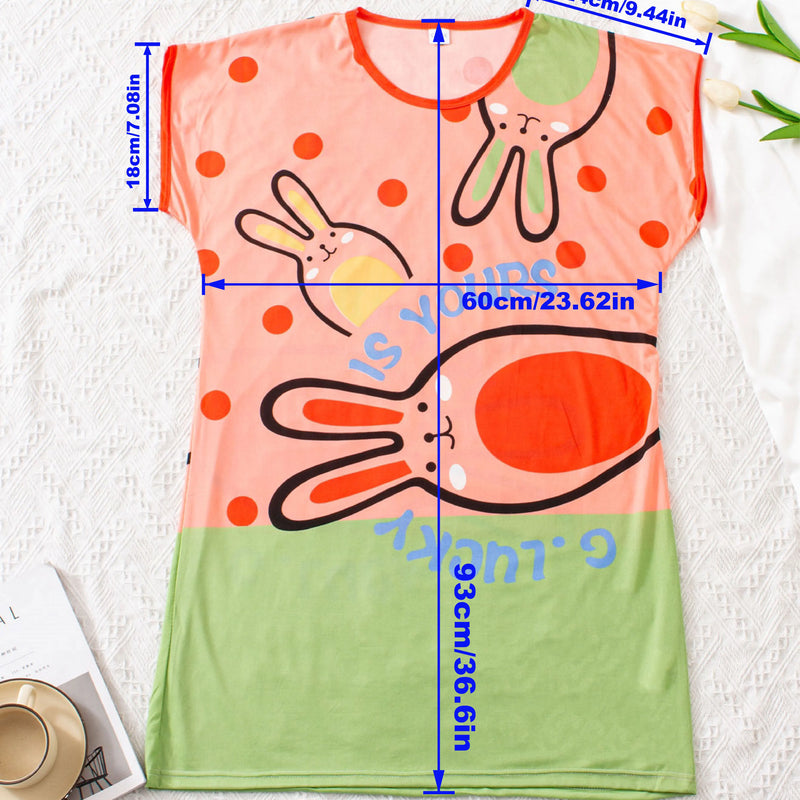 Cartoon Pink Green Rabit Print Lounge Dresses, Comfy Cute | SAMAG