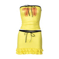 Women Retro Print 2 Piece Set Yellow Strapless Tube Top Drawstring Ruffle Mini Skirt Y2K Streetwear Club Party Matching Outfit