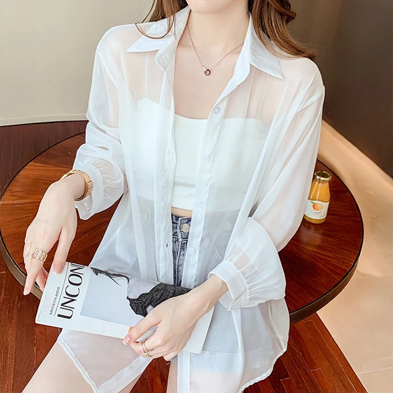 Tie Back Button Down Shirt Women Semi Sheer Chiffon Long - View 2 | SAMAG