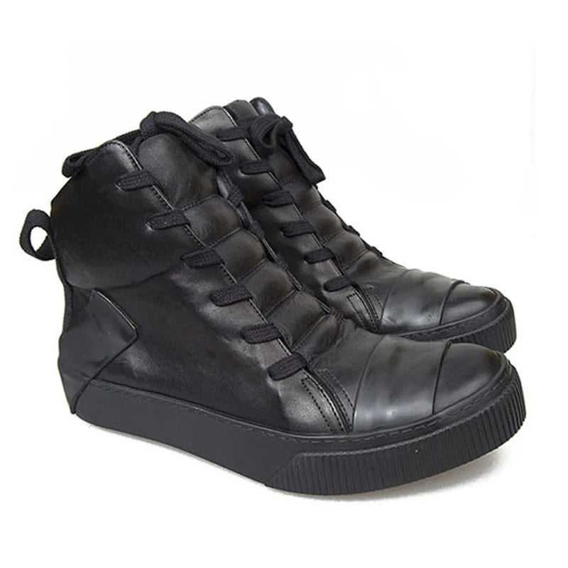 Retro Mixed Color Men Ankle Boots Handmade Genuine Leather High-top Men Sneakers Dark Black Street Style Fashion Men Flat Shoes