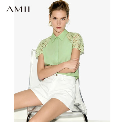 Amii Women Shirt Summer New Lace Patchwork Lapel Collar | SAMAG
