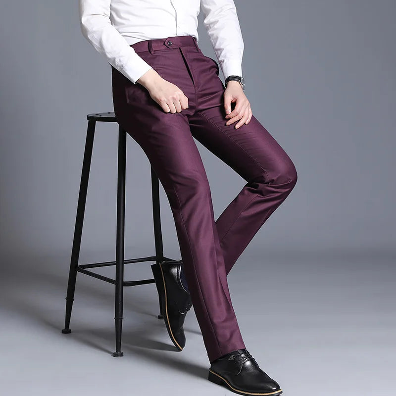 2026 Men's Blue Vertical Striped Suit Pants, Black Business Casual Trousers, Asian Sizes 28-40, Burgundy and Gray Plaid Pant.