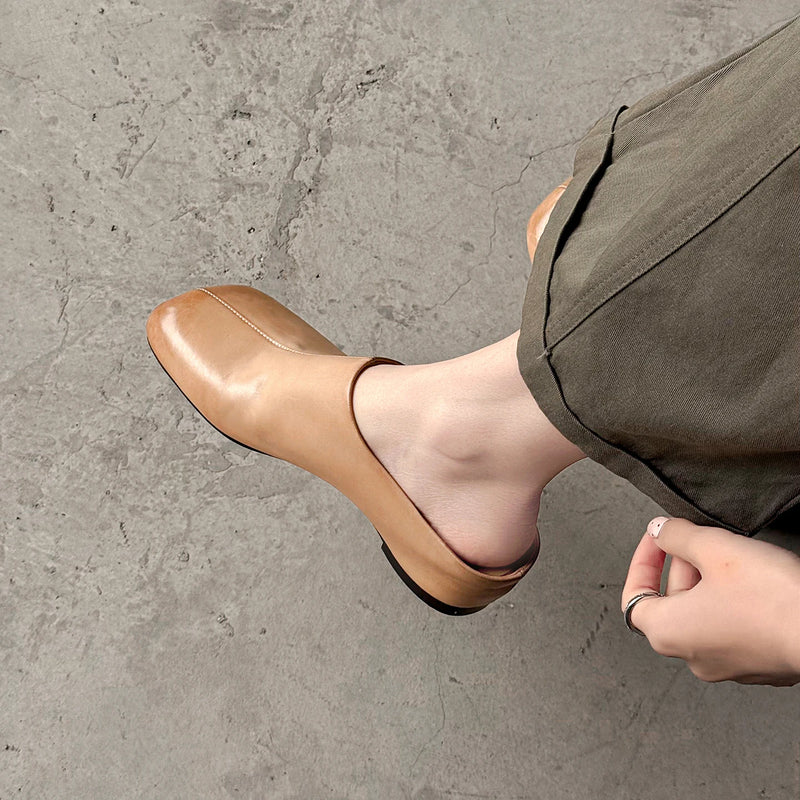 New Genuine Leather Cowhide Women Mules, Square Toe Slip-on Women Slippers,Fashion Flats Women Shoes
