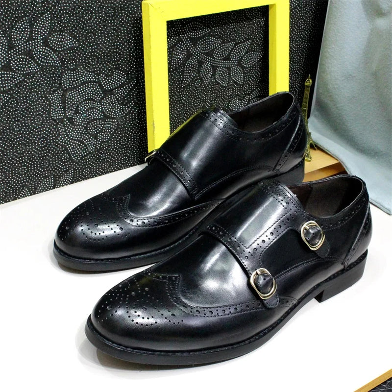 Men's Leather Loafers Double Buckle Monk Strap Handmade Dress Shoes Wingtip Pointed Toe Brogue Wedding Office Business Shoes