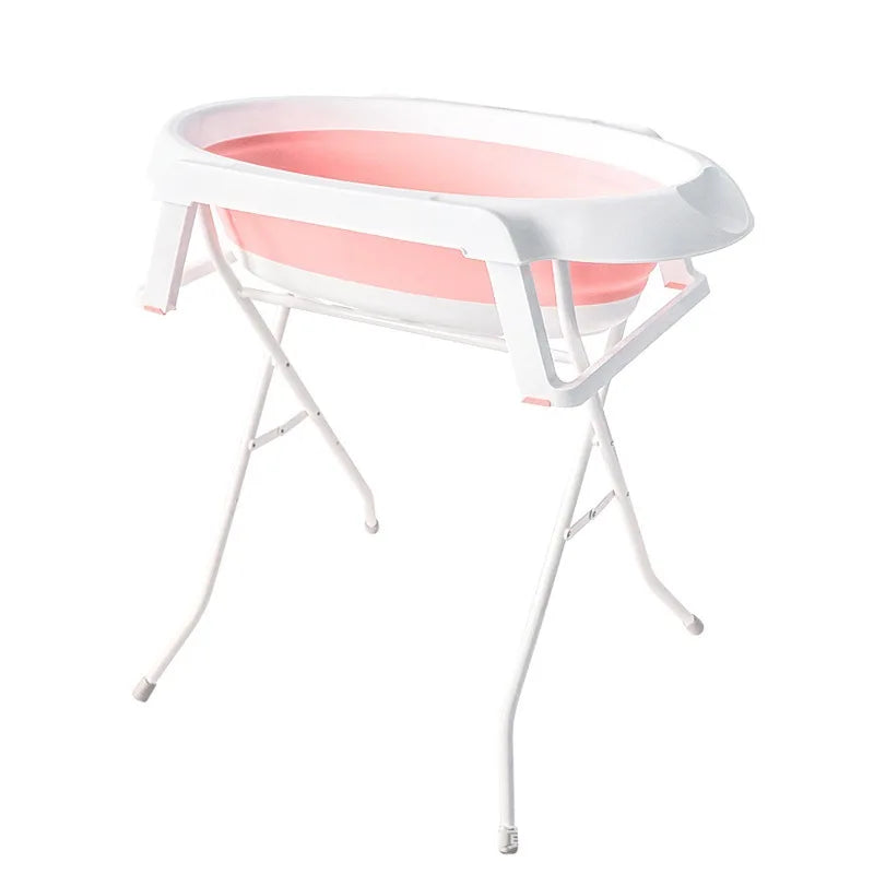Foldable Baby Bath Tub with Stand No Bend Over Infant Bathing Collapsible Plastic Bathtub Iron Frame Supports Up to 20kg