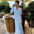 Women's Cotto V-Neck Lace-Up Bubble Sleeve Shirt Long Skirt 2 Piece-Set Summer Casual Elegant Solid Color Loose Sets