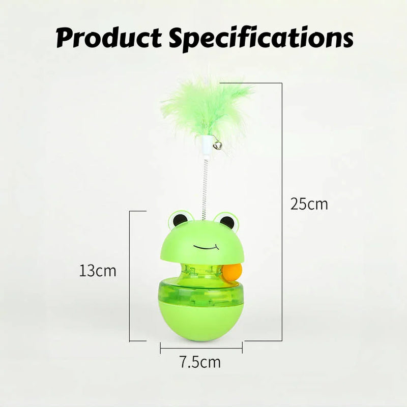Frog Wobbler Cat Toy with Feather Teaser Spin Tipping Motion Treat Dispenser Self Feeder for Indoor Solo Play