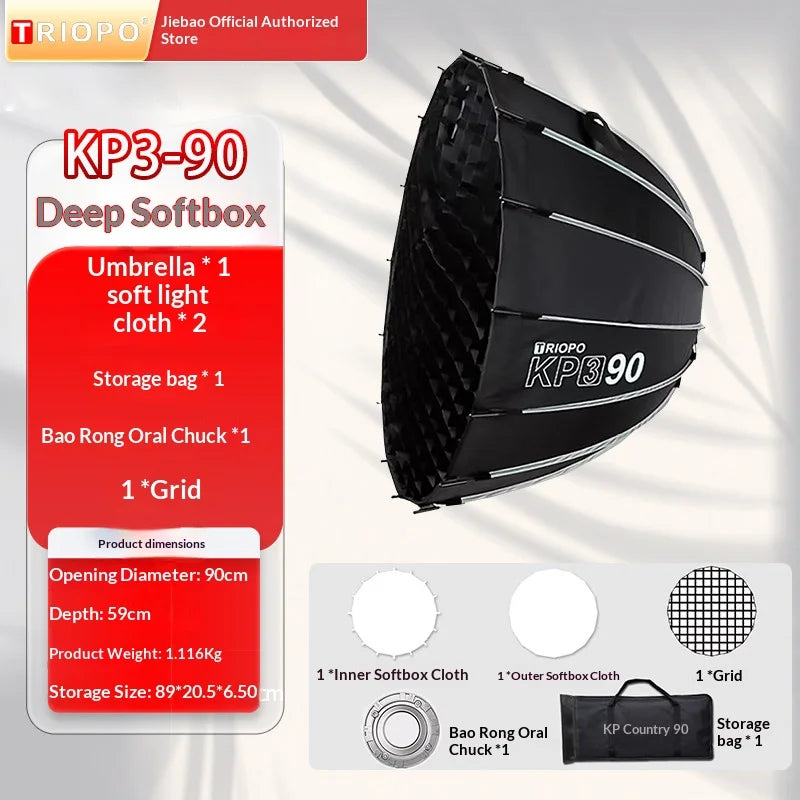 Triopo KP3 Quick Fold Deep Parabolic Softbox 60/90/120cm Bowens Mount Honeycomb Grid Compatible with Godox JINBEI