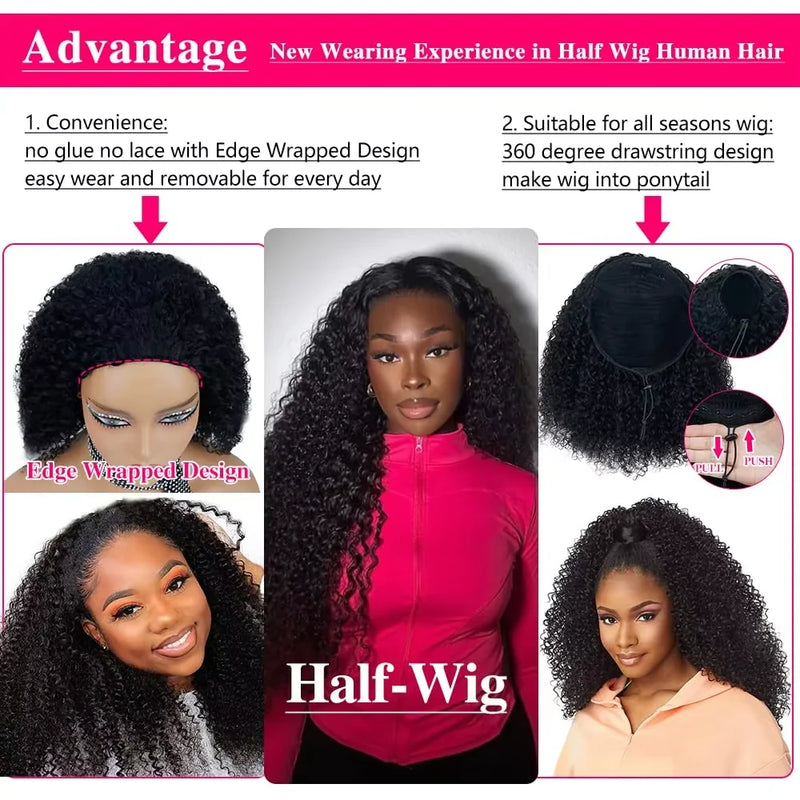 New Arrival 3 IN 1 Half Wig With Drawstring Seamless Human Hair Wig Kinky Curly Headband Wig Upgrade for Women Summer Machine Wigs