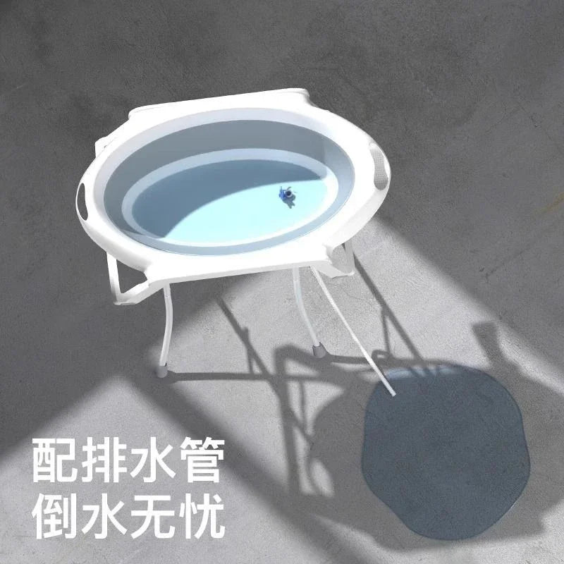Foldable Baby Bath Tub with Stand No Bend Over Infant Bathing Collapsible Plastic Bathtub Iron Frame Supports Up to 20kg