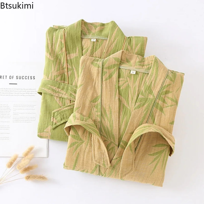 2026Couple's Printed Cotton Loose Fitting Bathrobe Japanese Style Tie Up Kimono Bathrobe Sweat Steaming Cotton Pajamas Robes Men