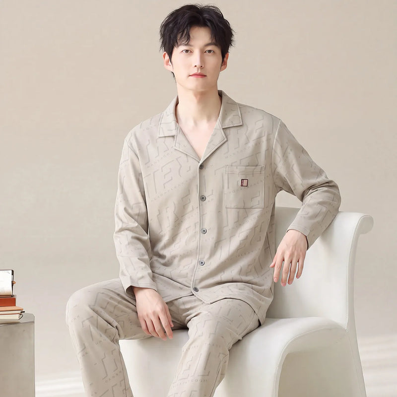 Autumn Spring Plaid Cardigan Sleepwear for Men 2026 New Fashion Homewear Male Size L-3XL Long Sleeves trouser 2Pcs/set Pajamas