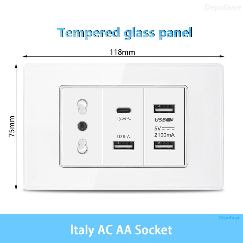 White Tempered Glass Italy USB Type C Smart Fast Charging Wall Socket Plugs Schuko Light Switch Panel Chile TV Sat Computer CAT6