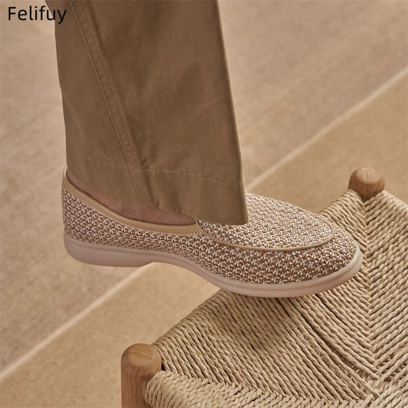 Handwoven Flax Straw Caual Shoes Men's Summer Breathable Linen Chinese Style Casual Wheat Color Genuine Leather Loafers Slip-On