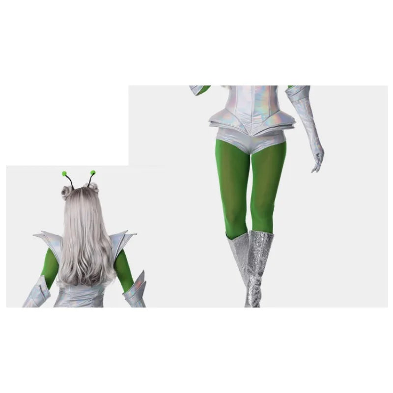 Women Alien Ladies Outer Space Alien Cosplay Outfit Metallic Silver Corset Green Bodysuit Costume for Halloween Carnival