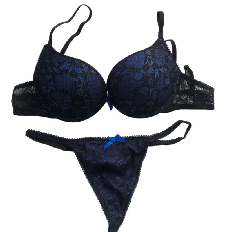 Cotton Deep V Lace Surface Push Up Sexy Bra Panty Sets Matching Bow G-string Comfortable Underwear Women Lingerie Set Intimates