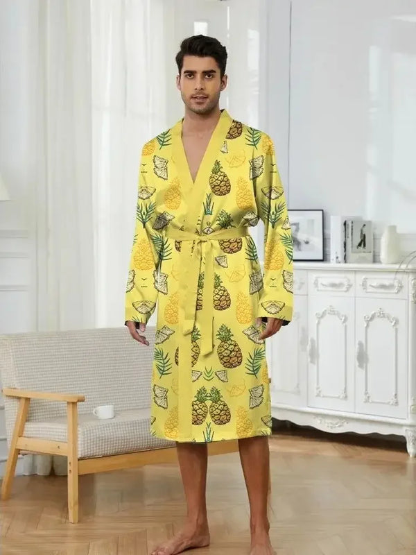 men's Robes 2025 printed pineapple poker pajamas suitable for family couple thin design light  luxurious pajamas long Nightgown