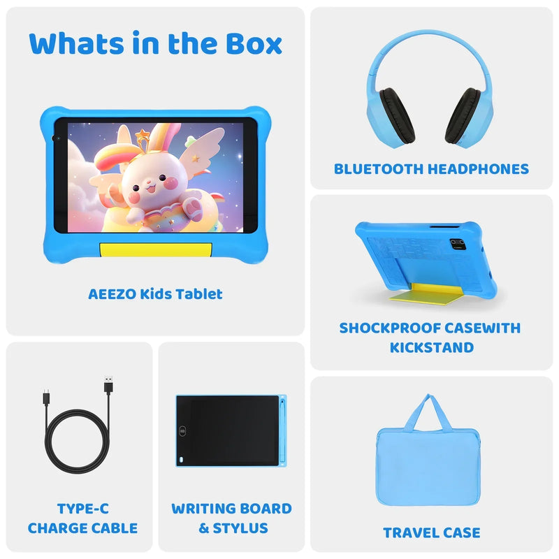 URAO 7 Inch Kids Learning Tablet Bundle Writing Board Drawing Tablet Headphones Stylus Bag Parental Controls Android13 5GB+32GB