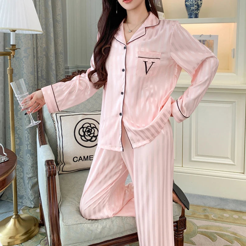 Women's Ice Silk Pajama Set Long Sleeve Pants Lightweight | SAMAG