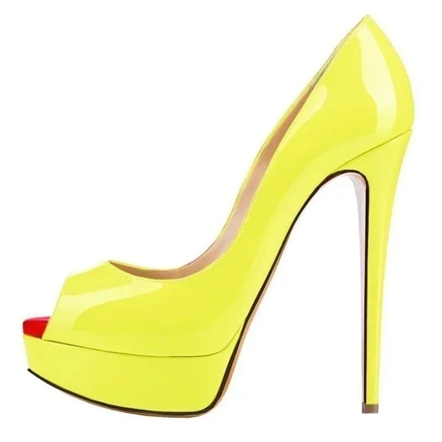 Women Pumps Sexy Platform Peep Toe 14cm Extremely Thin High Heels Stiletto Patent Leather Fashion Party Nighclub Wedding Shoes