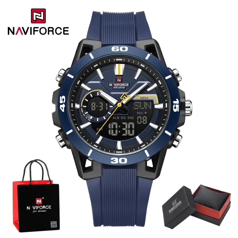 NAVIFORCE Men's Fashion Dual Display Watch 5ATM Waterproof Luminous Soft TPU Strap Male Sports Outdoor Daily Wristwatch Gift Box