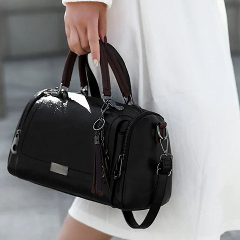 Tassel Decor Women's Large Capacity Shoulder Bag Fashion Zipper Crossbody Bags With Removable Strap Boston Handbag Женская сумка
