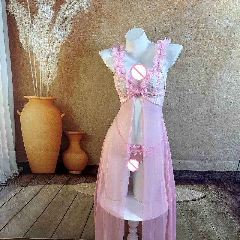 Sexy Women Nightgowns Floral Sleepwear Slip Night Dress Deep-V Lace Mesh See-through Lingerie