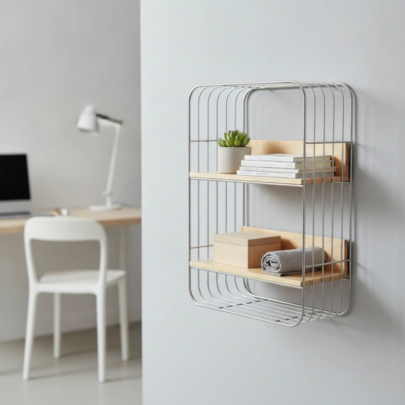 Wall - Mounted Storage Rack Two - Tier Shelf with Wooden Boards Open Stainless Steel Furniture Metal Frame - View 2 | SAMAG