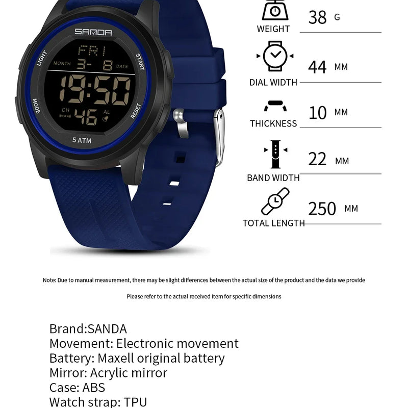 SANDA 6182 Multifunction Waterproof LED Digital Mens Wristwatches Sport Electronic Watch for Alarm Clock - Visuel 5 | SAMAG