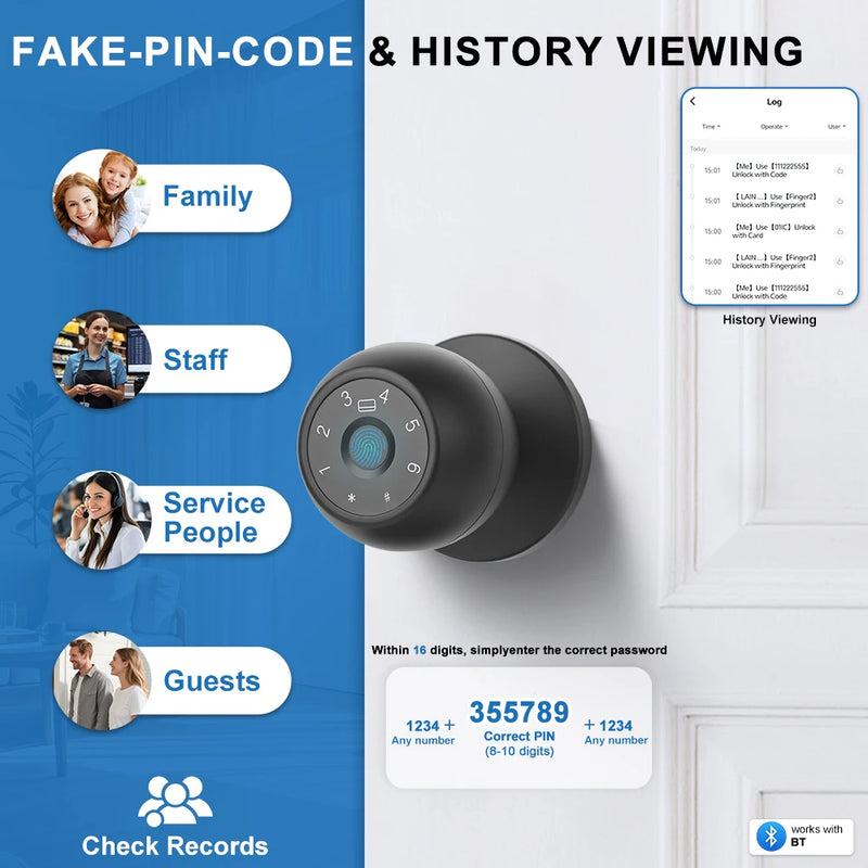 YFK Tuya Smart Door Knob 6 Ways Unlock Fingerprint Password NFC Card Physical Key Anti-peep Lock for Bedroom Office Rental House