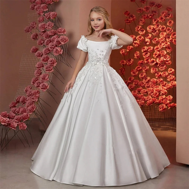 Elegant Flower Girl Dresses for Wedding Satin Beaded - View 5 | SAMAG
