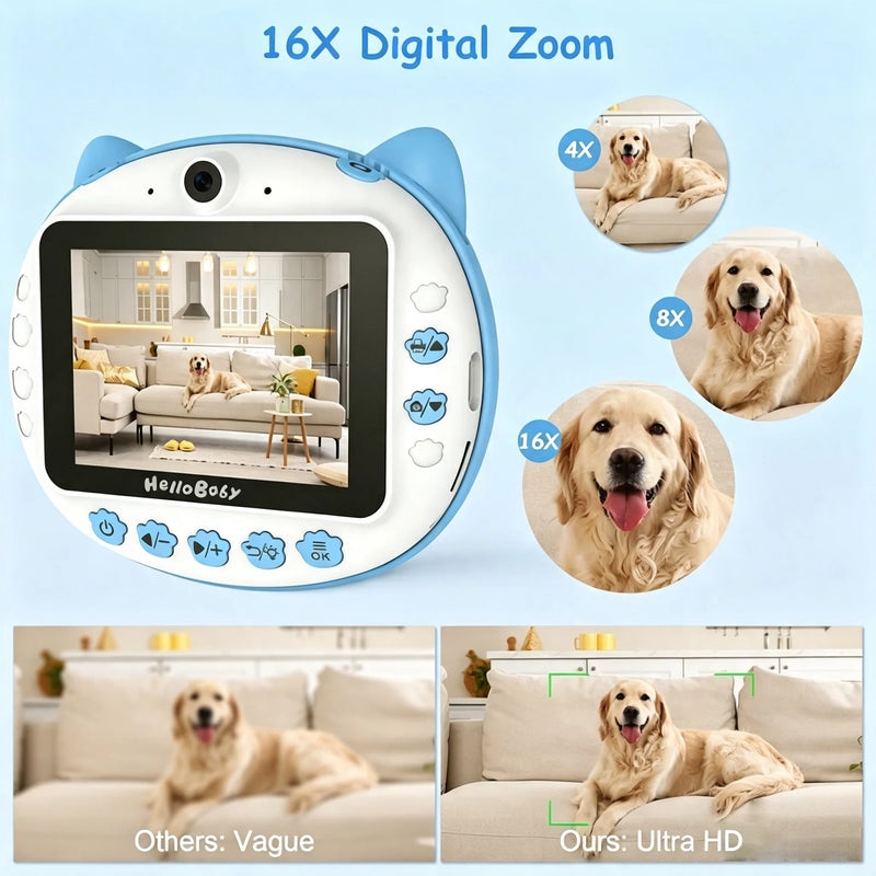 HelloBaby Instant Print Camera with 16GB Memory Card for Kids, 3.2” IPS Screen, 1080P Video Recording, 16X Digital Zoom, Flash, Time-lapse,