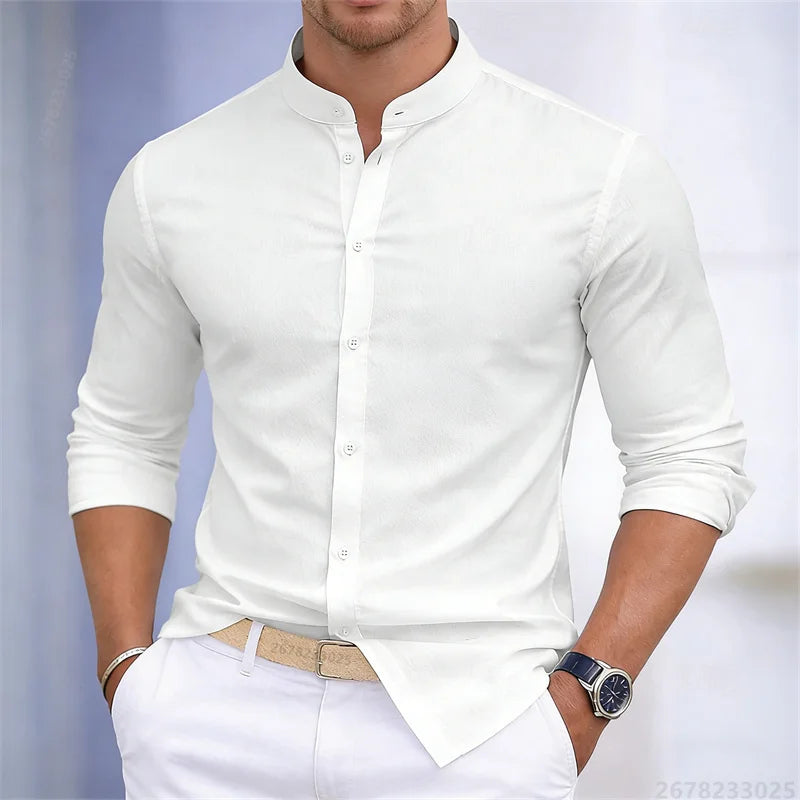 Men's stand-up collar white or black long-sleeved shirt | SAMAG