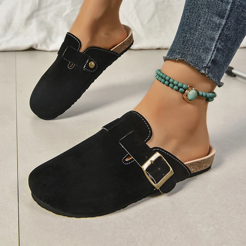Fashion Gold Woven Buckle Clogs for Women 2026 Summer Closed Toe Cork Sole Mule Shoes Woman Non-slip Flat Heels Half Slippers