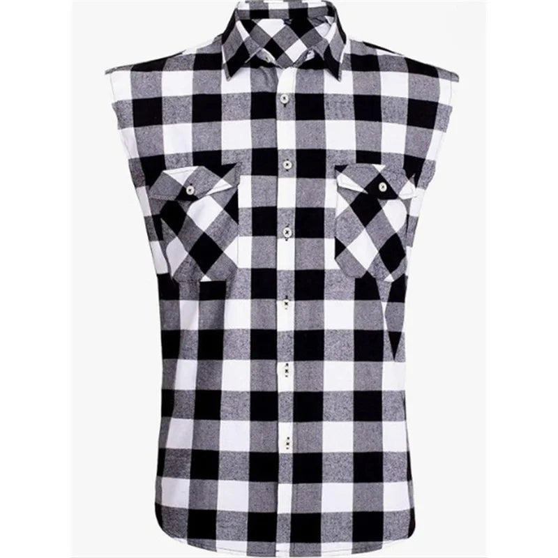 Men's Summer Sleeveless Vests Turn-down Collar Shirts sports Vest Single-breasted Plaid Tank Top cardigan Casual Vests Men tops